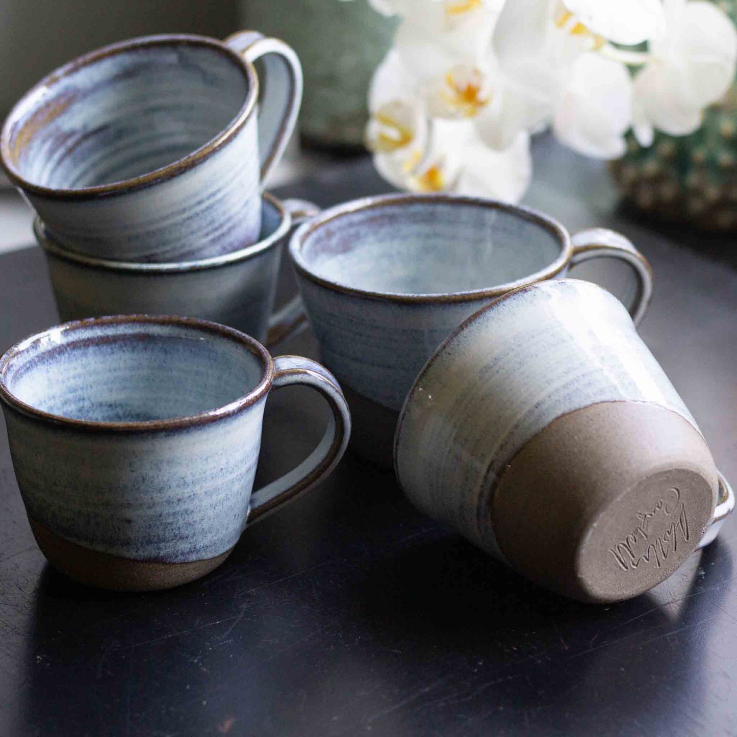 RUSTIC STONEWARE CUPS WITH HANDLES - NORDIC BLUE