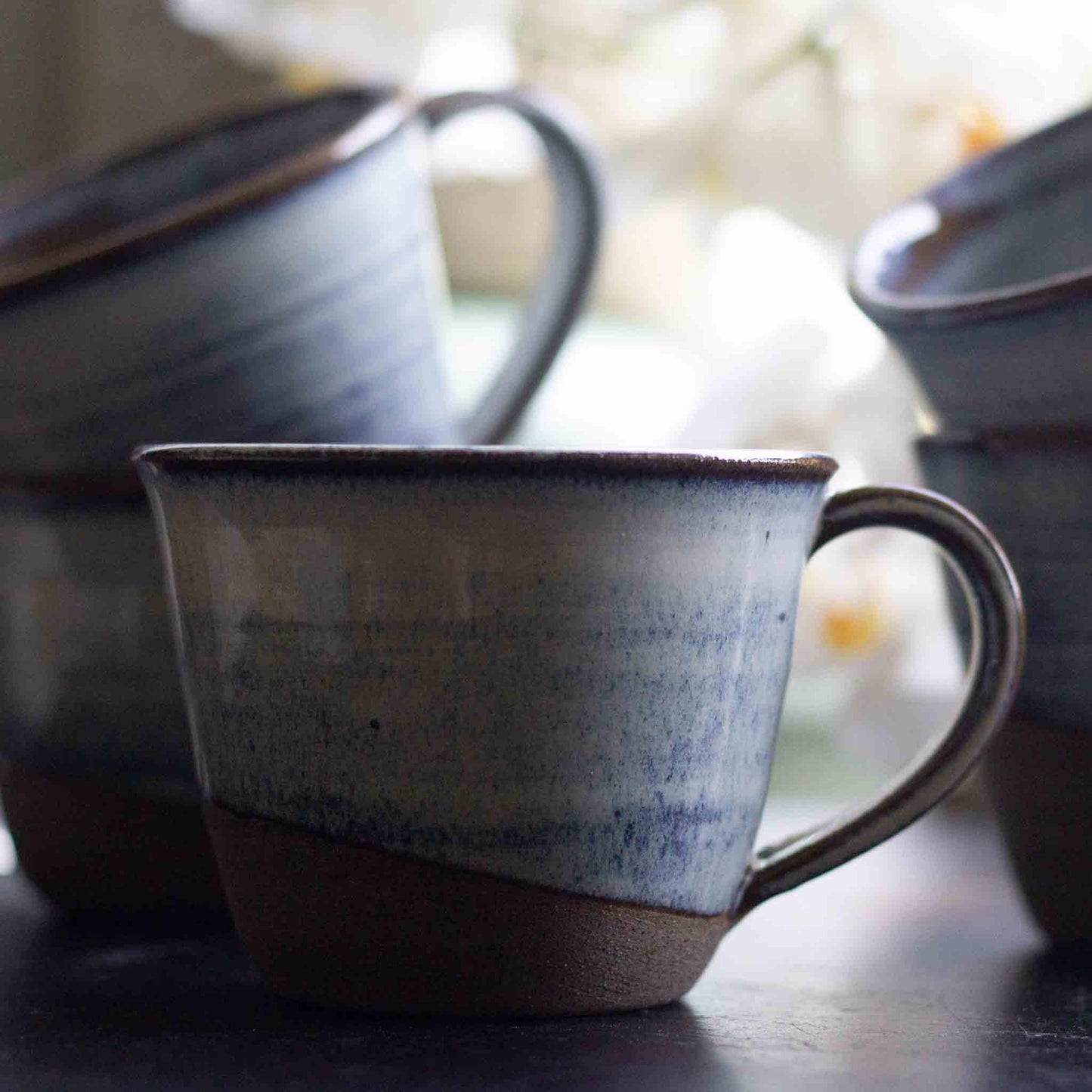 RUSTIC STONEWARE CUPS WITH HANDLES - NORDIC BLUE