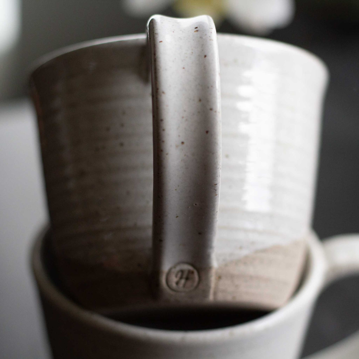 RUSTIC STONEWARE CUPS WITH HANDLES - WHITE