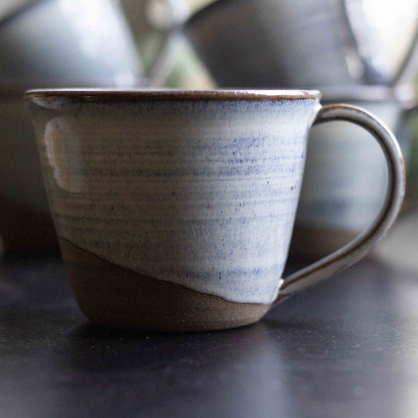 RUSTIC STONEWARE CUPS WITH HANDLES - NORDIC BLUE