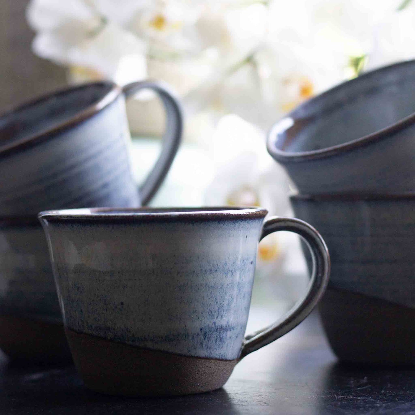 RUSTIC STONEWARE CUPS WITH HANDLES - NORDIC BLUE