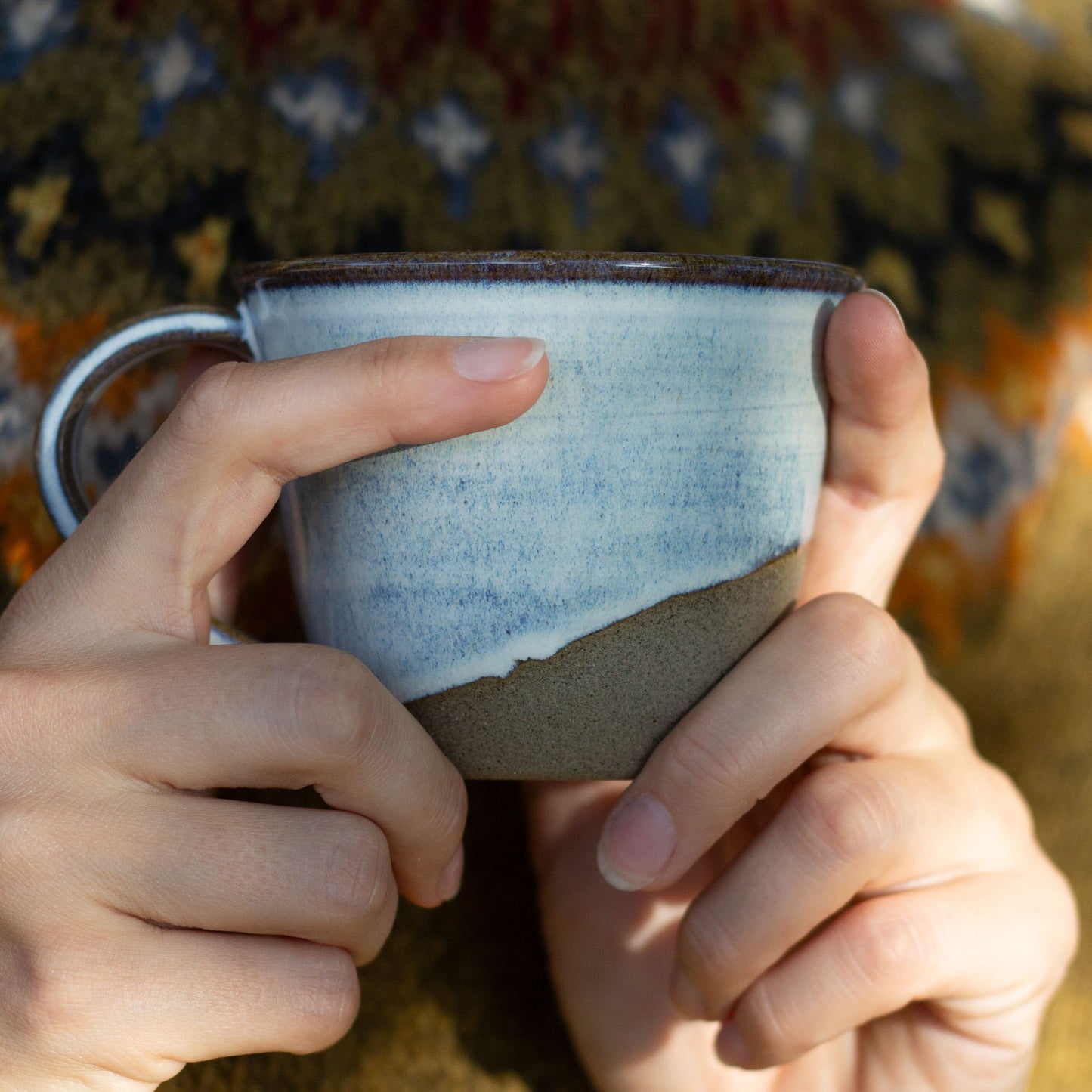 RUSTIC STONEWARE CUPS WITH HANDLES - NORDIC BLUE