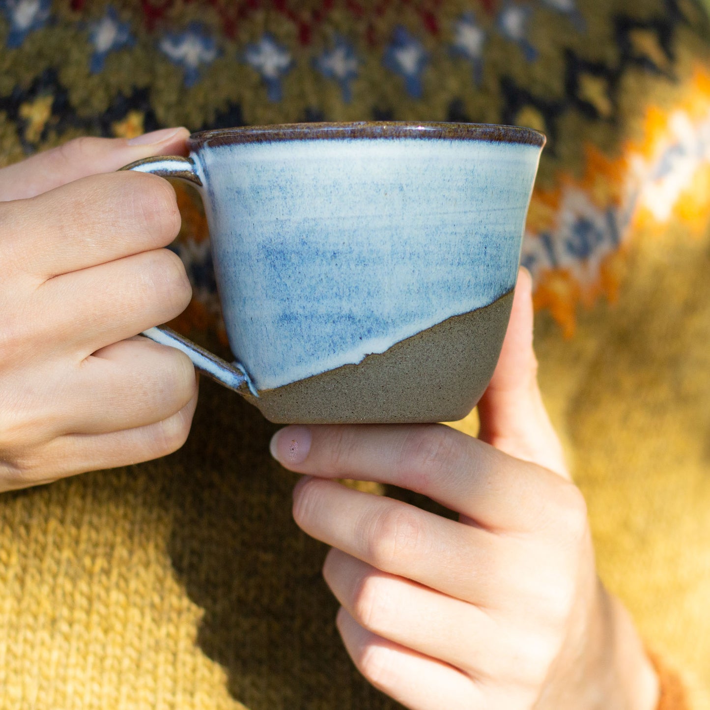 RUSTIC STONEWARE CUPS WITH HANDLES - NORDIC BLUE