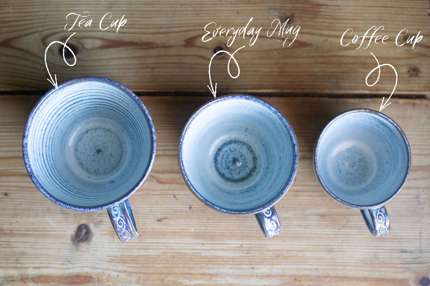 Three ceramic cups labeled 'Tea Cup', 'Everyday Mug', and 'Coffee Cup' on a wooden surface.