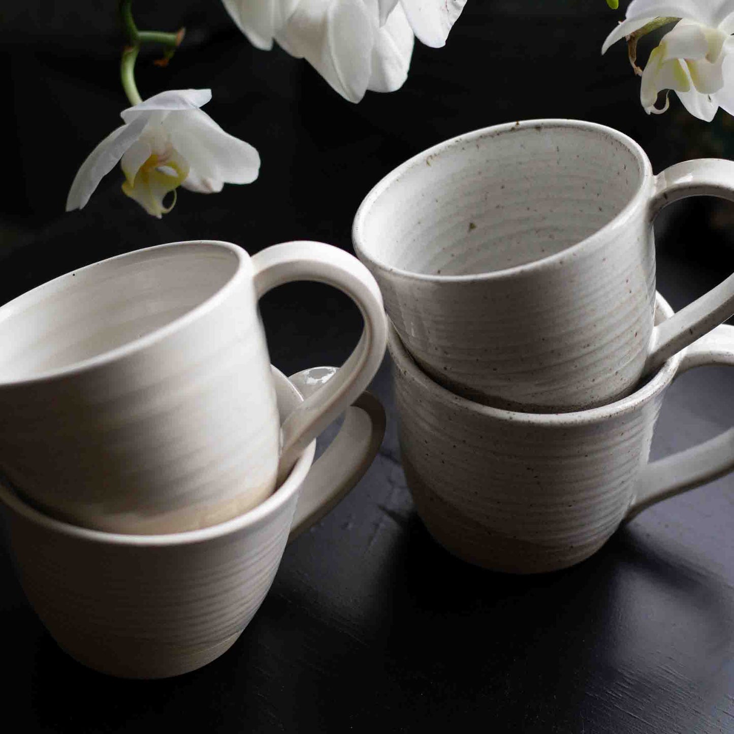 RUSTIC STONEWARE CUPS WITH HANDLES - WHITE